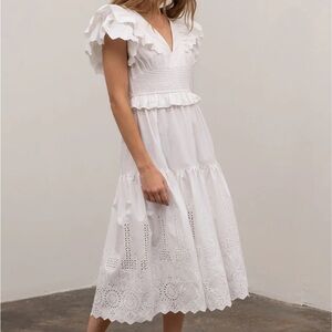 Moon river shirred tiered smock ruffle back tie eyelet midi dress